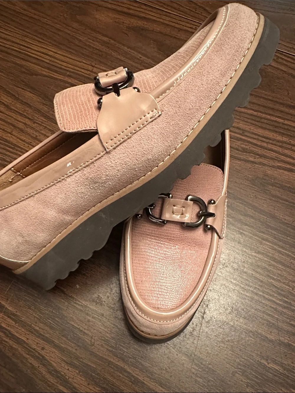 Donald J. Pliner Pale Pink Lizard-Texture Loafers with Metal Bit